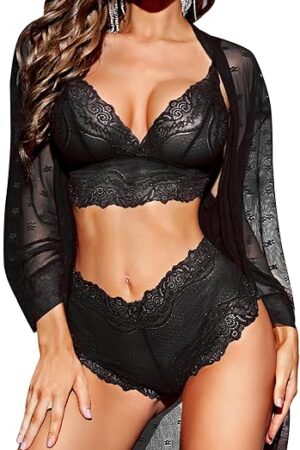 Women Sexy Lingerie Set 3 Piece Lace Kimono Robe with Bra and Panty Sheer Sleepwear