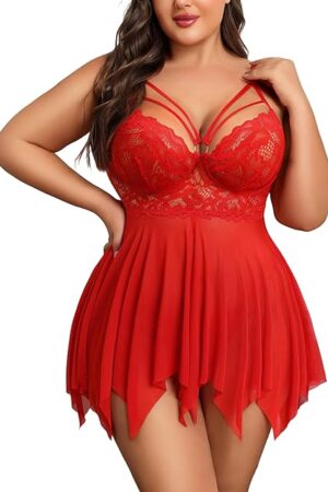 Babydoll Lingerie for Women Strappy Nightdress Sexy Nightgowns Bridal Chemise Plus Size Lace Langeray L-4XL
