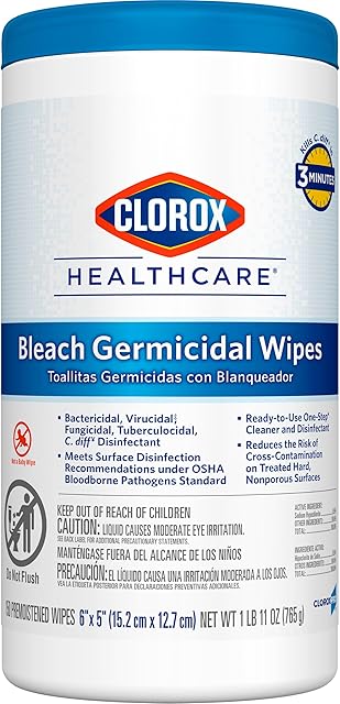 Clorox Healthcare Bleach Germicidal Wipes, 6" x 5", 150 Count Canister (Package May Vary)