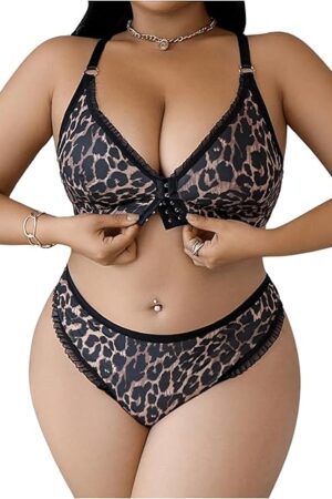 Women's Plus Size Leopard Print Lingerie Set Sexy Lace Sheer Front Closed Bra and Panty 2 Piece Sets