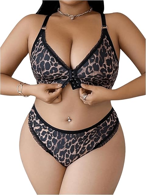 Women's Plus Size Leopard Print Lingerie Set Sexy Lace Sheer Front Closed Bra and Panty 2 Piece Sets