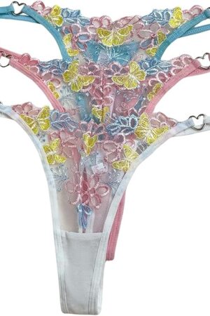 Women's 3 Pc Sexy Thong Floral Embroidered Low Rise Cheeky Underwear