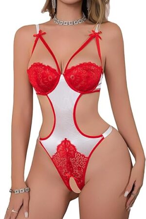 Women's One Piece Sexy Lingerie Bodysuit with Underwire Balconette Lace Cup V-Neck Sleepwear Leotard Nightie Babydoll