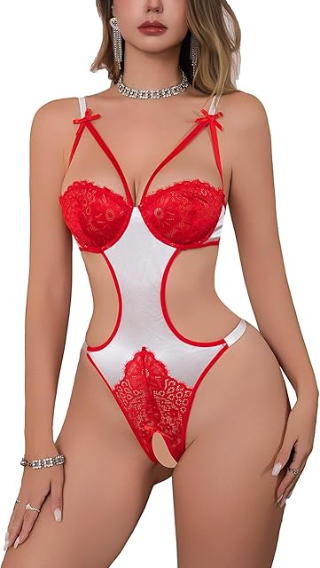 Women's One Piece Sexy Lingerie Bodysuit with Underwire Balconette Lace Cup V-Neck Sleepwear Leotard Nightie Babydoll