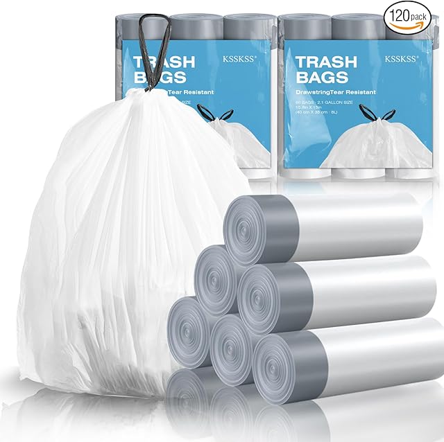 120 Counts 16 Gallon Mini Drawstring Trash Bags, Small Garbage Bags by KSSKSS, Code a fit 45-8 Liter, 12-2 Gal, White Trash Bin Liners for Home Office Kitchen Bathroom Bedroom