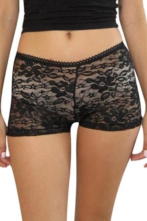 Women Y2k Sheer Lace Micro Shorts Low Rise See Through Floral Lace Boyshorts Slim Fit Mesh Sexy Panties Underwear