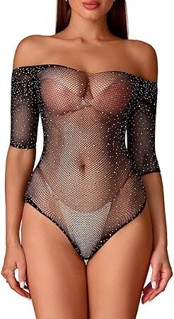 Women's Sexy Bodysuit Rhinestone Long Sleeve Fishnet Teddy Lingerie Strapless Dress Tops Sexy Outfits