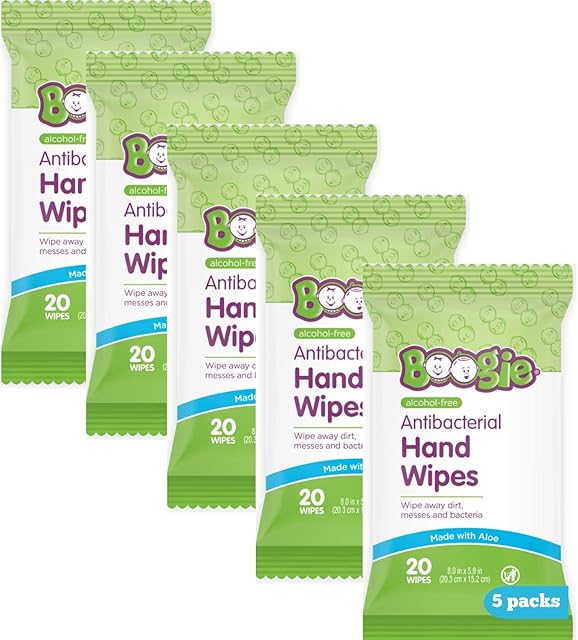 Antibacterial Hand Wipes by Boogie Wipes, Alcohol-Free, Hypoallergenic and Moisturizing Aloe, Boogie Hand Wipes for Adults and Kids, 5 Packs of 20?