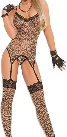 Women's Leopard Print Camisette, G-String and Matching Stockings