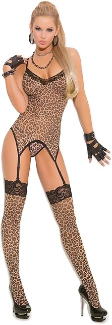 Women's Leopard Print Camisette, G-String and Matching Stockings