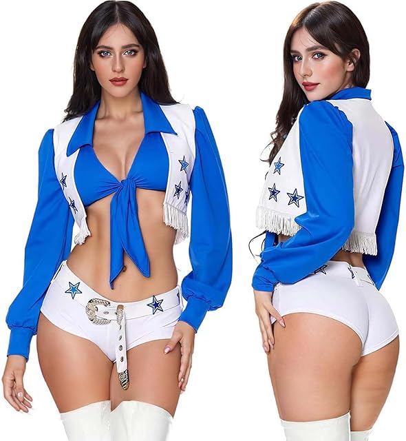 Cowboy Cheerleader Costume for Women,Blue Star Cheerleader Outfits Halloween Costume Set,Shirts+Vest+Shorts+Belt