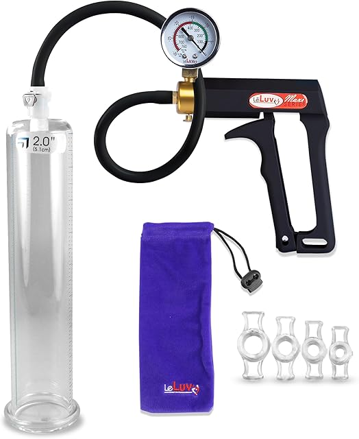LeLuv Black Maxi Penis Pump with Gauge Premium Silicone Hose Kit with 4 Sizes of Constriction Rings 9 inch Length x 2.00 inch Diameter Cylinder