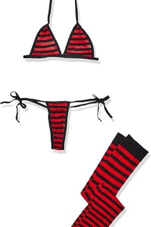 Women's Striped Bra Top with Thong and Stockings