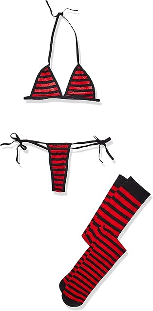 Women's Striped Bra Top with Thong and Stockings