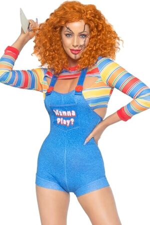 Women's 2 Pc Demon Doll Costume with Crop Top, Romper Overalls