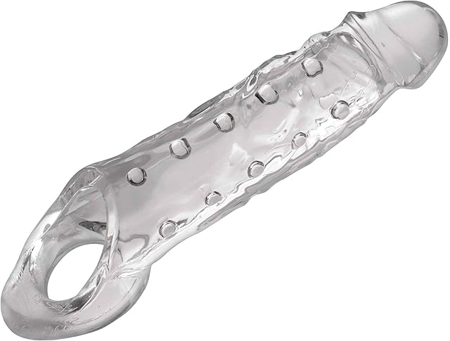 Clear Ample Penis Extender Sleeve with Stretchy Ball Strap for Men, Women, and Couples Reusable Cock Sleeve for Length and Girth, Soft and Firm with Textured Nubs, 9.1 Inch