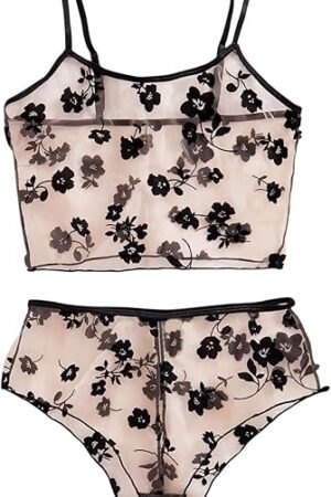 Women's Lingeries Floral Mesh Sheer Matching Bra and Panty Set Boudoir Outfits Nightwear 2 Piece