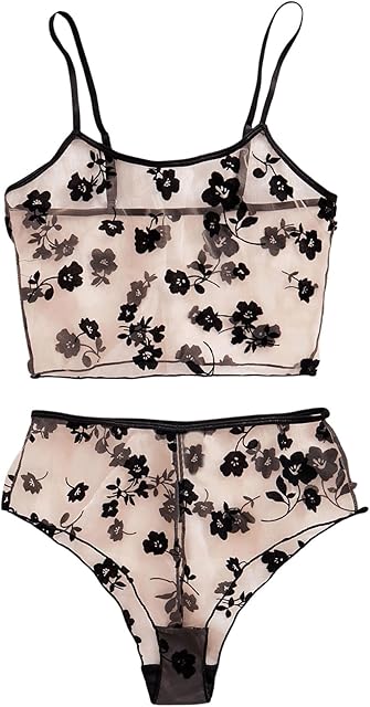Women's Lingeries Floral Mesh Sheer Matching Bra and Panty Set Boudoir Outfits Nightwear 2 Piece