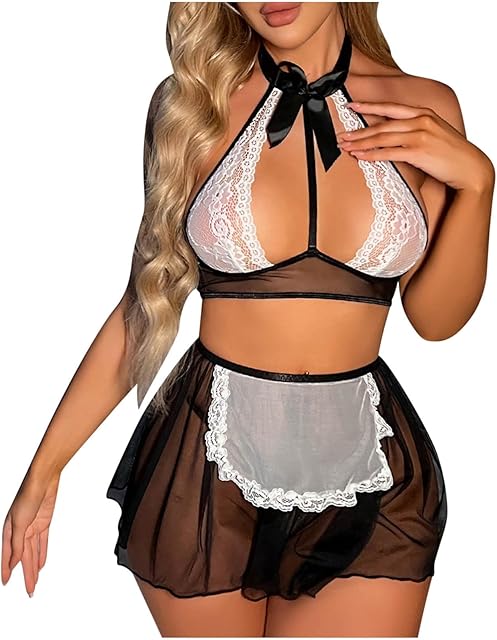 Women Sexy Lingerie Lace Cut Out Mesh Bowknot Temptation Sleepwear T-String Thong Mini Skirt Maid Cosplay Sex Set