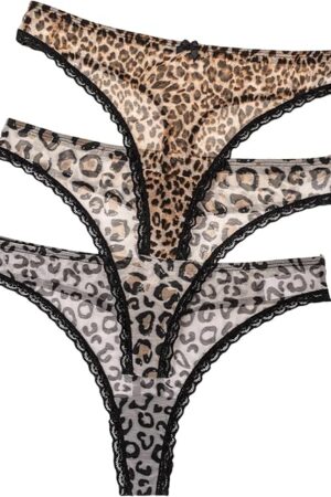 Women's 3 Pack Leopard Print Mesh Thong Panties Lace Trim Briefs Low Rise Underwear