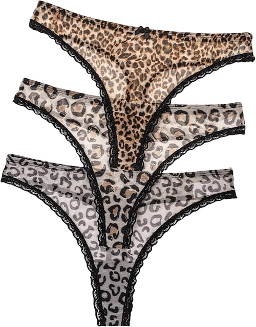 Women's 3 Pack Leopard Print Mesh Thong Panties Lace Trim Briefs Low Rise Underwear