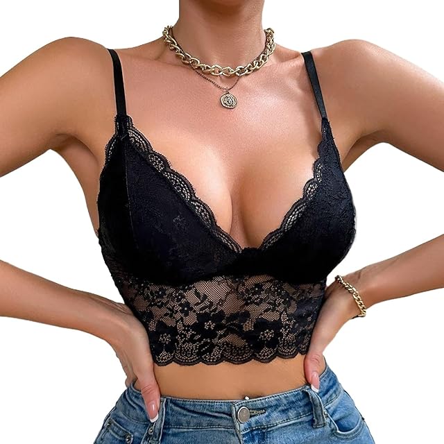 Lace Bralettes for Women Sexy Scalloped Trim Bra No Underwire Adjustable Padded Bra Deep V Neck Bralette