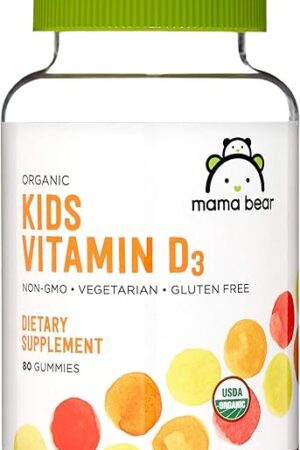 Amazon Brand - Mama Bear Organic Kids Vitamin D3 25 mcg (1000 IU) Gummies per serving, Bone and Immune Health, Strawberry, 80 Count