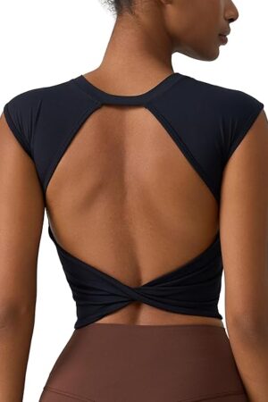 Women's Workout Athletic Shirts Sexy Open Back Sports Bra Tank Top Casual Tight T Shirts with Built in Bra