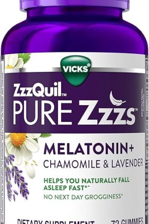 ZzzQuil PURE Zzzs Melatonin Gummies, Sleep Aid, Melatonin 2mg, with Chamomile & Lavender, Melatonin Sleep Gummies, Sleep Aids for Adults, Wildberry Vanilla Flavored, 72 Sleep Gummies