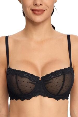 Women's Lace Mesh Balconette Bra Sheer Demi Scoop Neck Push Up Plus Size Sexy Full Coverage Unlined Underwire