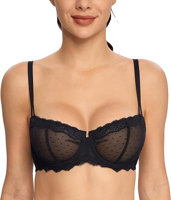 Women's Lace Mesh Balconette Bra Sheer Demi Scoop Neck Push Up Plus Size Sexy Full Coverage Unlined Underwire
