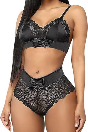 Women's 2 Piece Lace Underwire Bra and Panty Sets Sexy Satin Push Up Lingerie Set High Waist Swimsuit