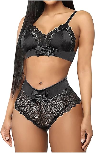 Women's 2 Piece Lace Underwire Bra and Panty Sets Sexy Satin Push Up Lingerie Set High Waist Swimsuit