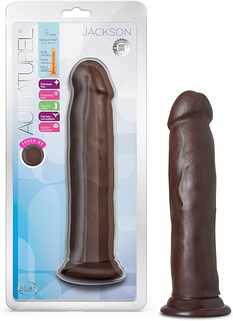 Blush Novelties Au Naturel Jackson - Realistic 9 Inch Long Sensa Feel Dual Density Dildo - 2Thick - Flexishaft Bendable Body - Strap On Compatible Suction Cup for Hands Free Play Sex Toy