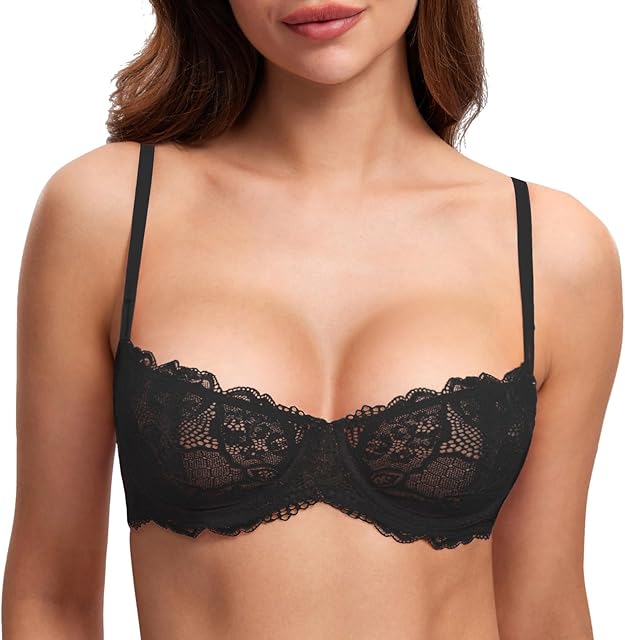 Women's Balconette Push Up Bra Sexy Lace Plus Size Unlined Sheer Underwire