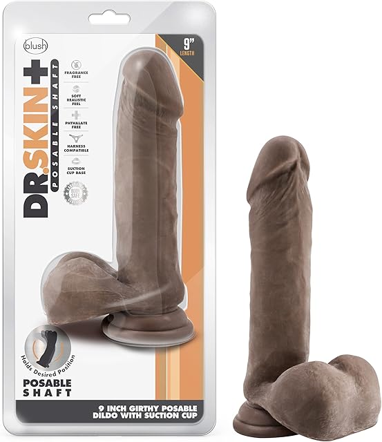 Blush Novelties Dr. Skin Plus - 9 Inch Realistic Posable Dildo with Balls - Suction Cup Base for Hands Free Play and Harness Compatible - Triple Density and Flexible Sex Toy for Him Her Couples.