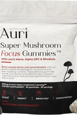 Auri Super Mushroom Focus Gummies - w/Lion's Mane, Alpha GPC & Rhodiola - Mushrooom Supplement to Support Cognitive Function, Mental Clarity, Focus & Energy | 60 Gummies, Vegan Friendly, Non GMOs