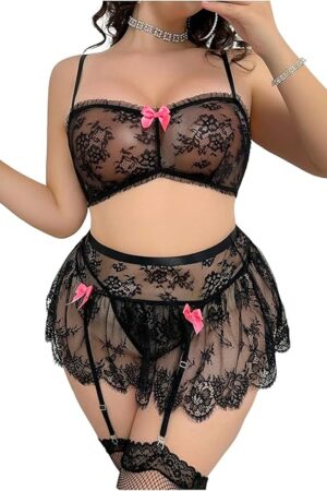 Women's Plus Size Sexy Lingerie Floral Lace Matching Bra and Panty Garter Stocking Underwear
