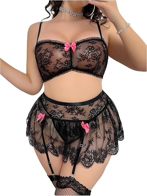 Women's Plus Size Sexy Lingerie Floral Lace Matching Bra and Panty Garter Stocking Underwear