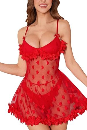Women's Red Lingerie Strappy Teddy Babydoll Mesh Chemise Nightdress Valentine Lingerie Dress set