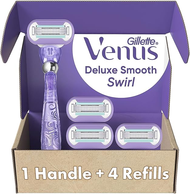 Gillette Venus Deluxe Smooth Swirl Women's Razor Handle + 4 Blade Refills, Flexible Handle and Pivoting Head