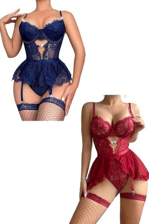 Women's Sexy Lingerie Set with Garter Belt Matching Bra and Panty Lingeries Sets 4 Piece Stockings