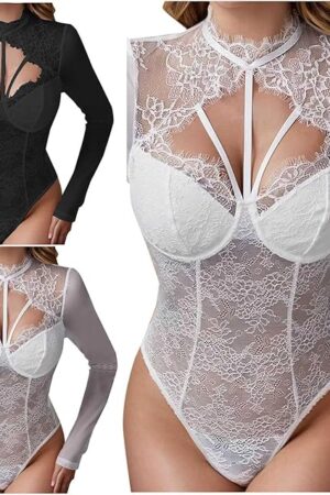 Womens Sexy Mesh Lace Bustier Corsets Long Sleeve Bodysuit Lingerie Slim Fit Push Up Underwire Going Out Tops