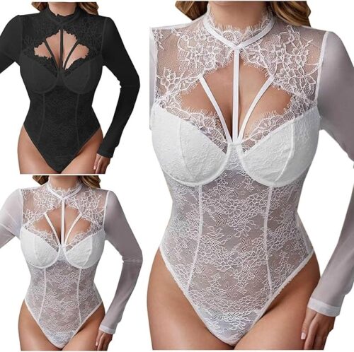 Womens Sexy Mesh Lace Bustier Corsets Long Sleeve Bodysuit Lingerie Slim Fit Push Up Underwire Going Out Tops