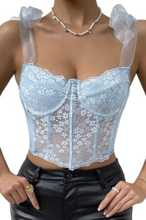 Women's Floral Lace Cami Crop Top Spaghetti Strap Sheer Mesh Corset Bustier Tops Bralette