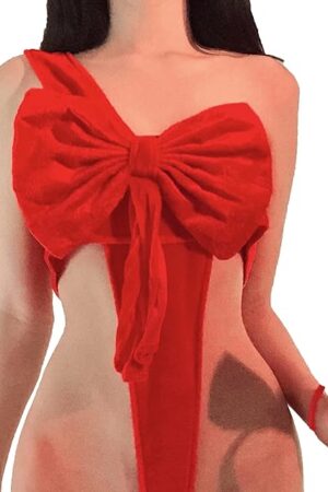 Bow Lingerie for Women Sexy Christmas Valentines Red Present Bowtie Bra Velvet Bodysuit Unwrap Me Babydoll Santa Costume