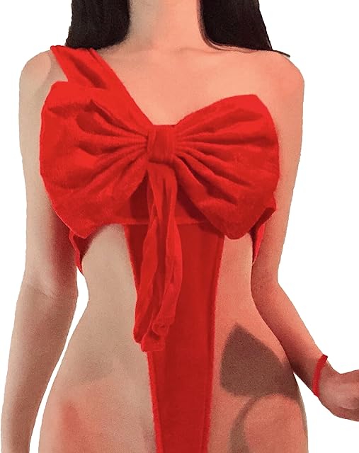 Bow Lingerie for Women Sexy Christmas Valentines Red Present Bowtie Bra Velvet Bodysuit Unwrap Me Babydoll Santa Costume