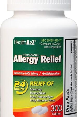 HealthA2Z? Allergy Relief | Cetirizine 10mg | All Day Allergy Relief | Indoor & Outdoor | Relief from Itchy Throat, Sneezing, Runny Noses (300 Count (Pack of 1))
