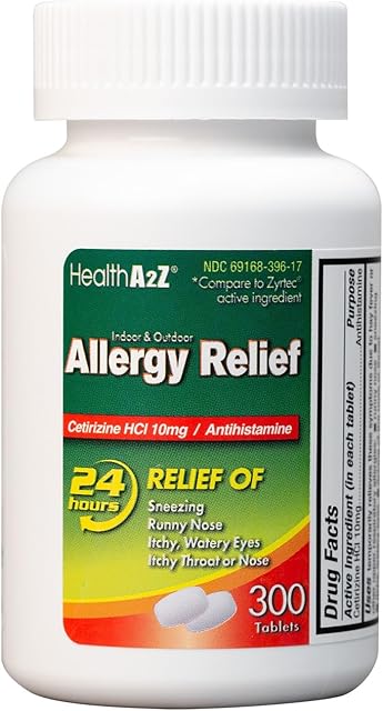 HealthA2Z? Allergy Relief | Cetirizine 10mg | All Day Allergy Relief | Indoor & Outdoor | Relief from Itchy Throat, Sneezing, Runny Noses (300 Count (Pack of 1))