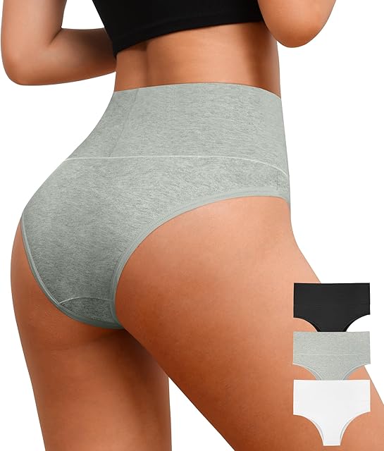 High Waisted Bikini Underwear for Women Tummy Control Cotton Panties Ladies No Muffin Cheeky Panty 3 Pack